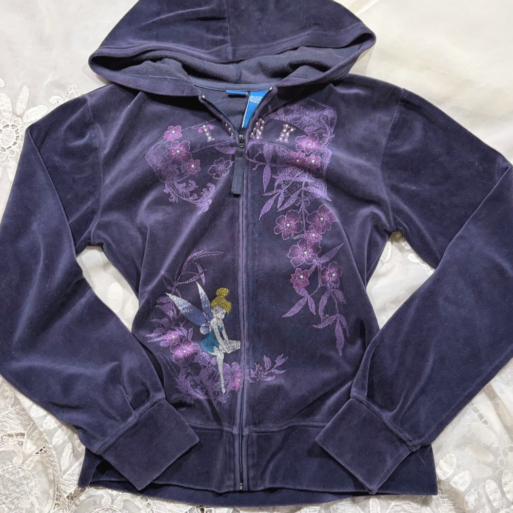 Y2K Disney Tinker Bell Purple Velour Zip Up Hoodie Rhinestone Floral Small